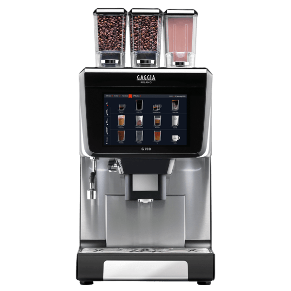 G 700 commercial coffee machine 3D model, stainless steel body with three top hoppers and landscape touchscreen