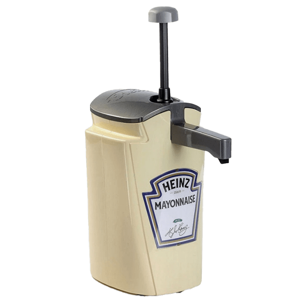 Heinz Keystone mayonnaise pump dispenser 3D model with cream body, grey lid and black plunger, angled view