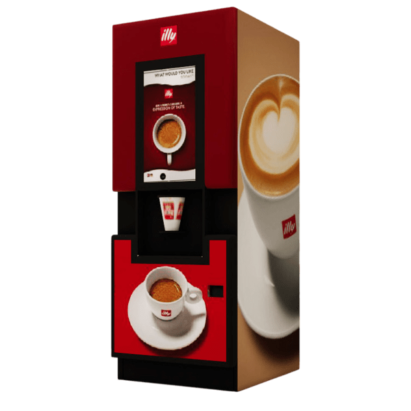 illy coffee vending machine 3D model with red cabinet, touchscreen and latte art side panel, angled view (104)