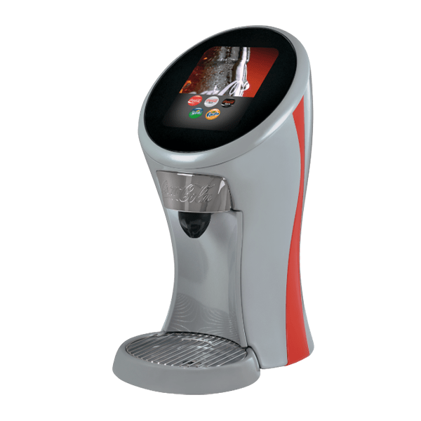 Cover: Lancer Bridge countertop beverage dispenser 3D model with grey body, tilted touchscreen and red side accent