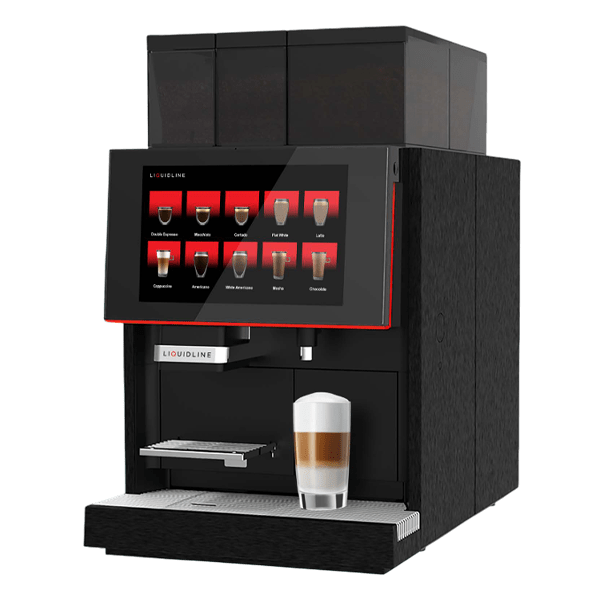 Cover: Liquidline bean to cup coffee machine 3D model with black body, red trim touchscreen and top hoppers, angled view