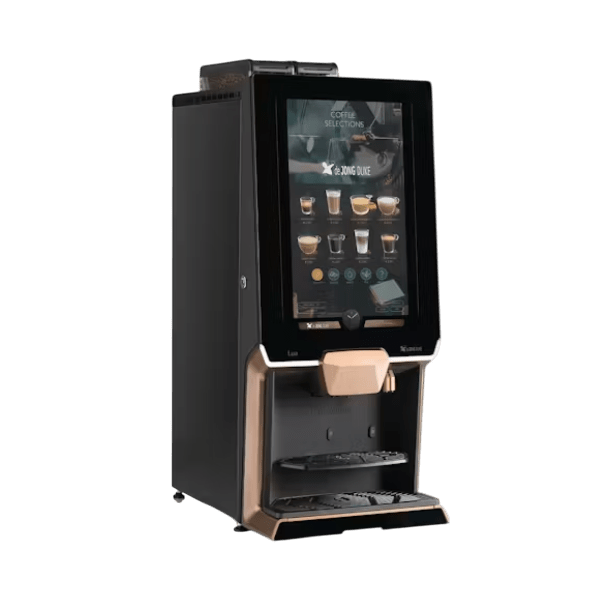 Lua de Jong Duke touch screen bean to cup coffee machine 3D model with matte black body and copper accents