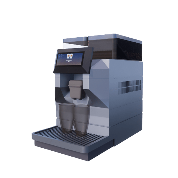Magic M2 compact commercial coffee machine 3D model with steel grey body, small touchscreen and twin cup tray