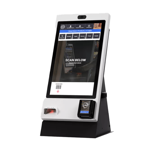 MM6 micro market kiosk 3D model with white frame, portrait touchscreen, barcode scanner and card reader