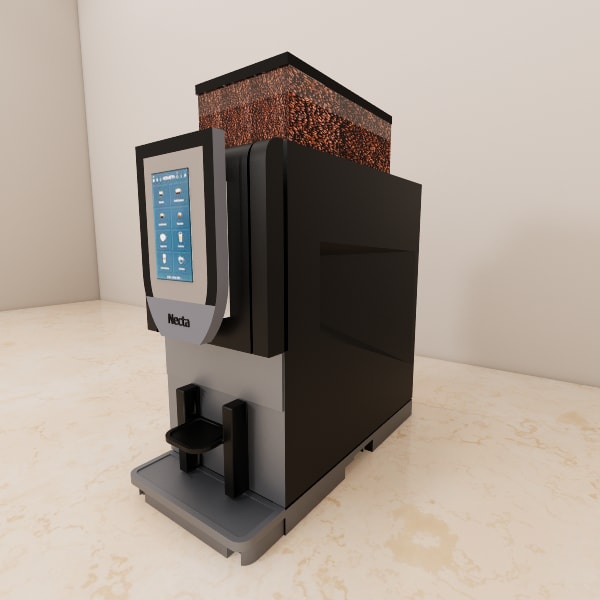 Necta Kometa compact commercial coffee machine 3D model with black cabinet, silver base and clear bean hopper