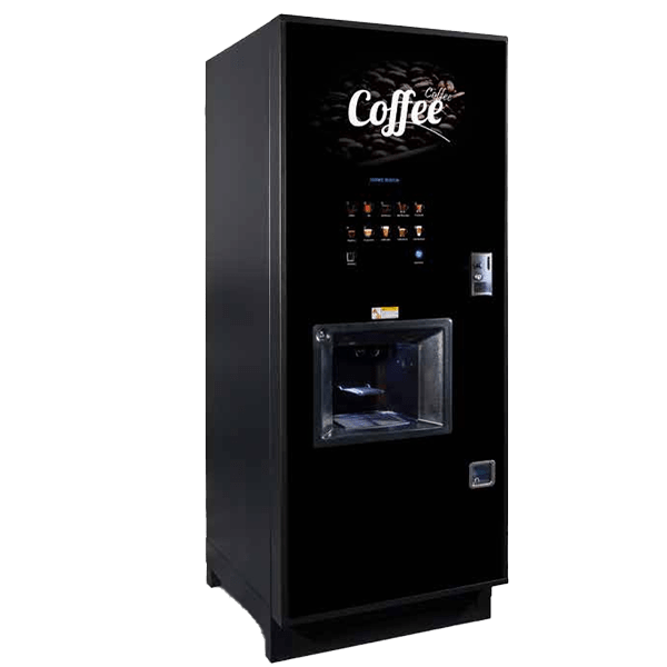 Neo floor standing coffee vending machine 3D model with black glass front, coffee graphic and drink icon panel
