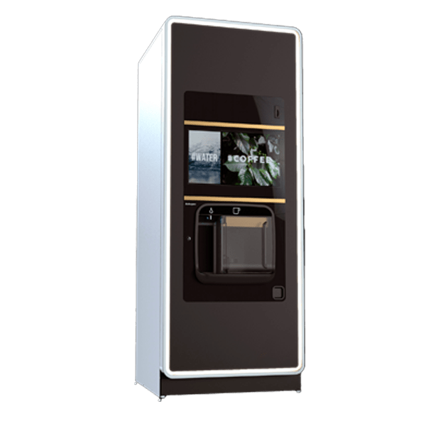 Coffetek Neo Q hot drinks vending machine 3D model with brown glass front, white edge trim and coffee and water screen