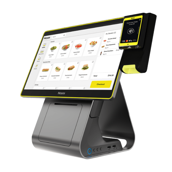 Nova Market self service kiosk 3D model with landscape touchscreen, yellow edge trim and black card reader on a grey stand