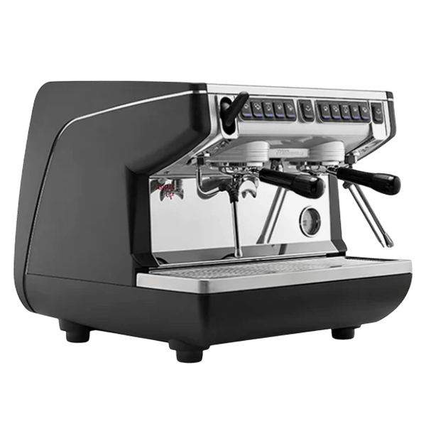 Nuova Simonelli Appia Compact 2 Group espresso machine 3D model, matte black body and stainless front, angled view
