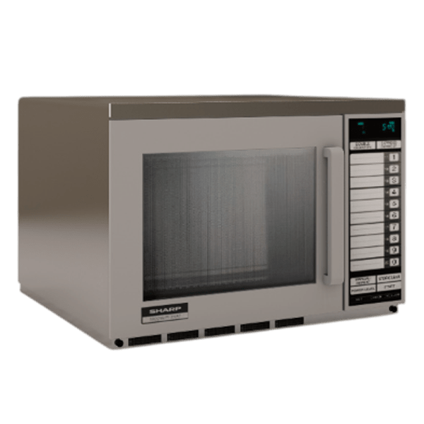 Sharp R24AT commercial microwave oven 3D model, brushed stainless steel body with glass door, angled view