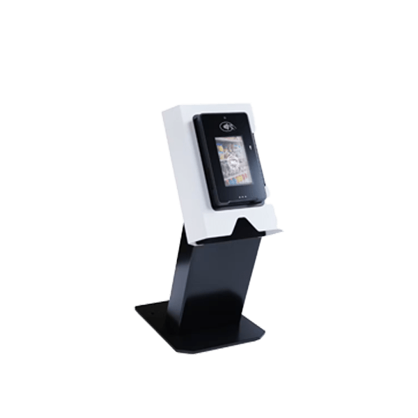 Pico Market countertop self checkout kiosk 3D model, white housing on an angled black stand, front angled view