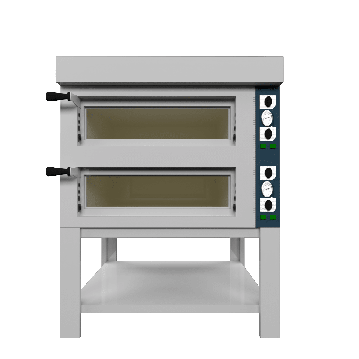 Commercial double deck pizza oven 3D model with open stand, front view of two glass doors and control strip