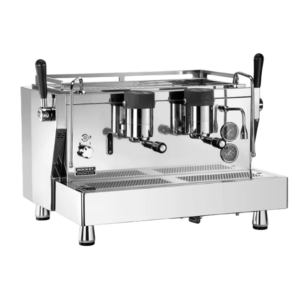RE Doppia 2 group commercial espresso machine 3D model, polished chrome body with top cup rail, angled view