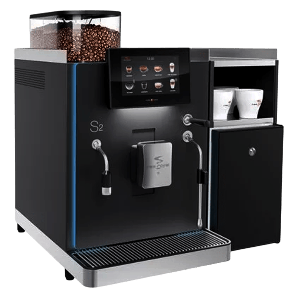 Rex Royal S2 MCST bean to cup coffee machine 3D model with bean hopper, touchscreen, and milk cooler, angled view