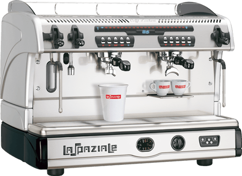 La Spaziale S5 EK Takeaway 2 group commercial espresso machine 3D model, silver body with cup rail, angled view