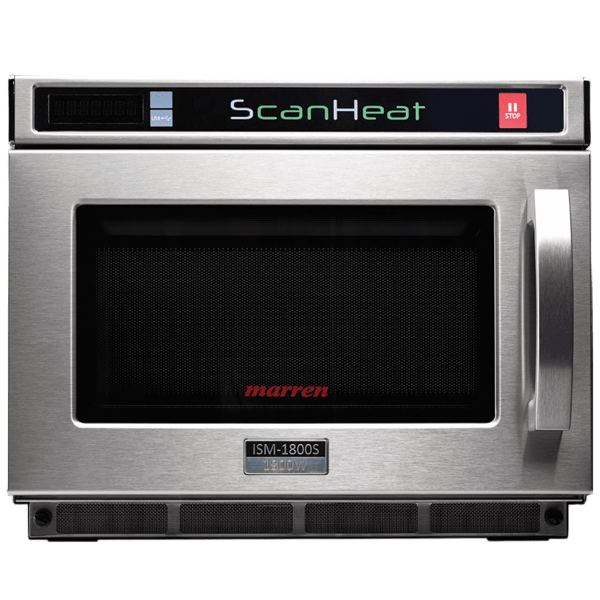 ScanHeat ISM1800S commercial microwave oven 3D model, brushed stainless steel body with dark glass door, front view