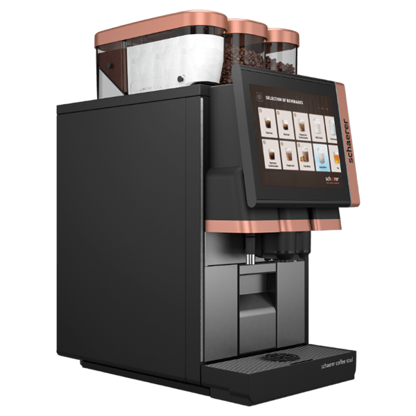 Schaerer Coffee Soul 10 bean to cup coffee machine 3D model, black body with copper trim and touchscreen, angled view