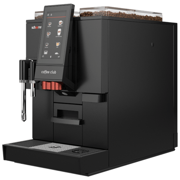 Black Schaerer Coffee Club bean to cup coffee machine 3D model with touchscreen and steam wand on a white background