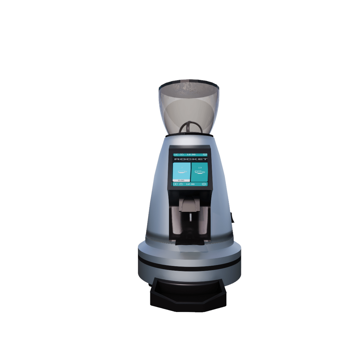 Chrome Rocket Spluga espresso coffee grinder 3D model with clear hopper and touchscreen on a white background