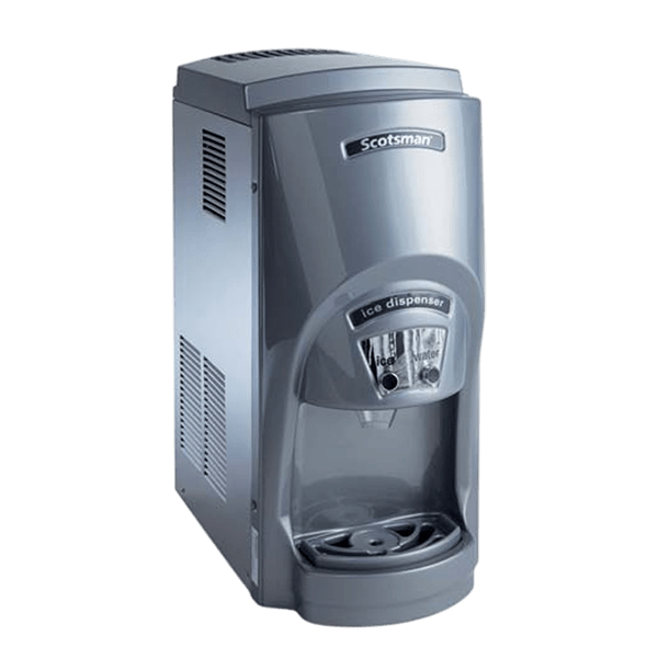 TC 180 countertop ice and water dispenser 3D model, grey housing with curved front hood, angled view