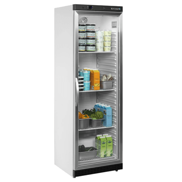 Tefcold UR400G upright glass door fridge 3D model, white cabinet with silver framed glass door, front angle