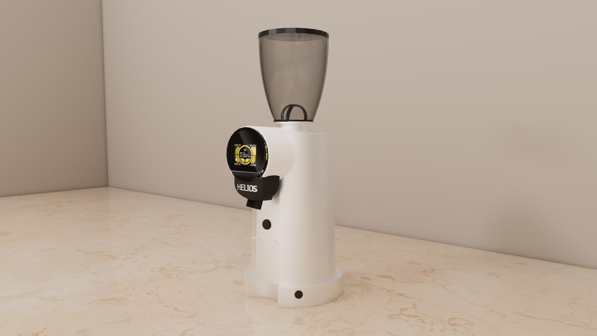 Front three quarter view of a white on demand espresso grinder with clear hopper and round touchscreen head