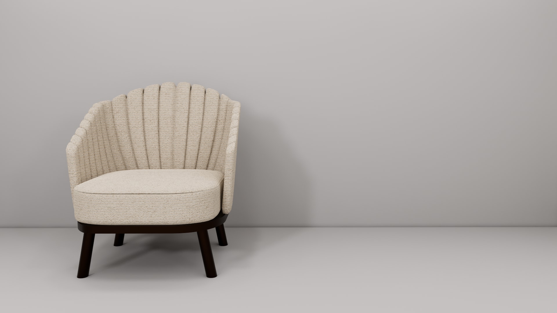 Cream boucle scalloped armchair SketchUp model, front view of channel tufted back