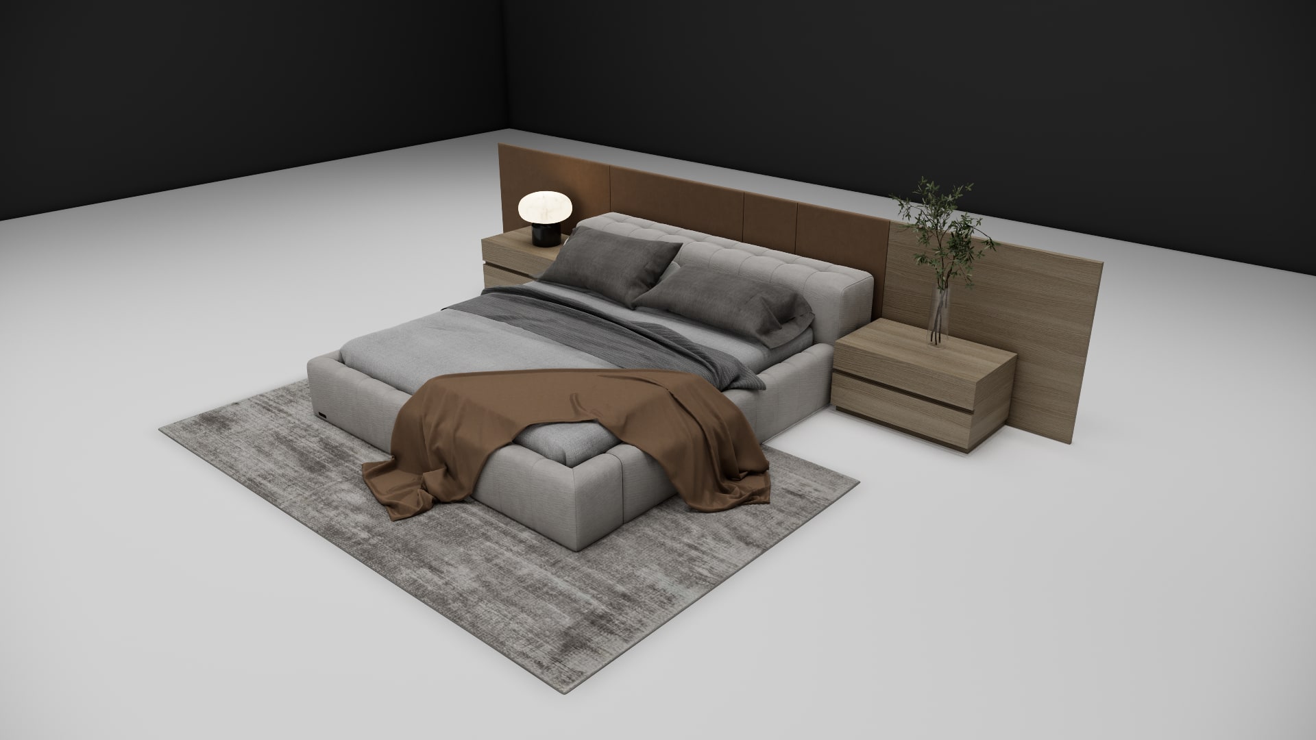 Hendrick cognac throw and charcoal duvet over gray tufted platform base