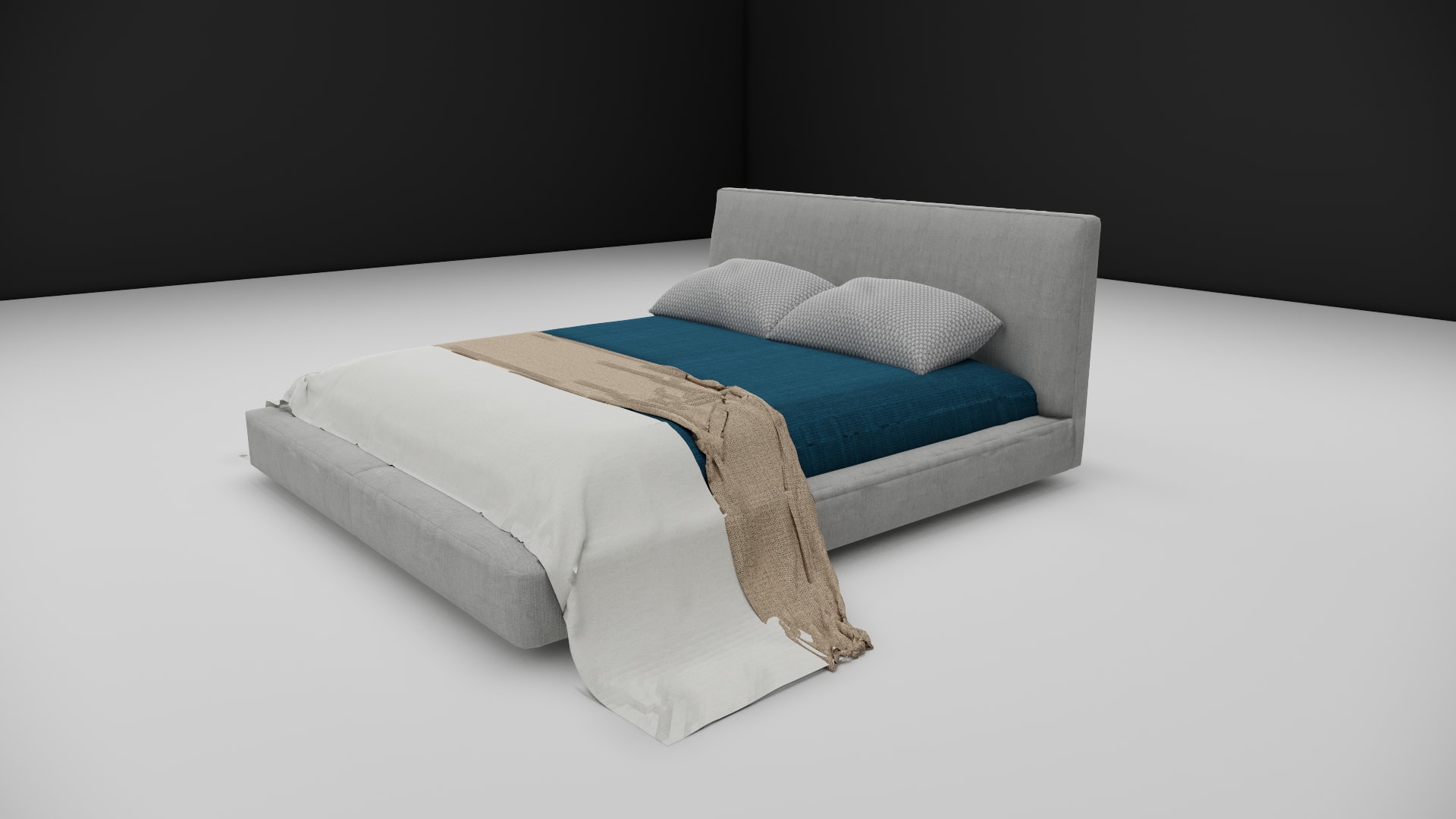 Marlow low profile bed frame headboard detail with beige throw and gray pillows