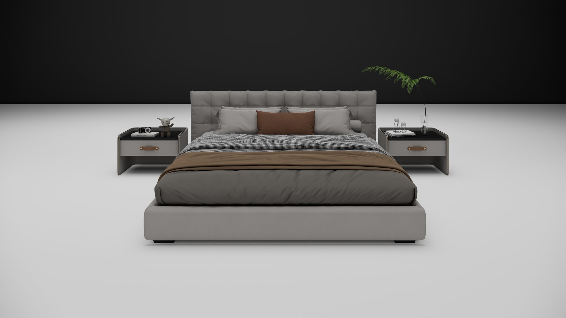 Preston grid tufted headboard with brown throw and rust accent pillow