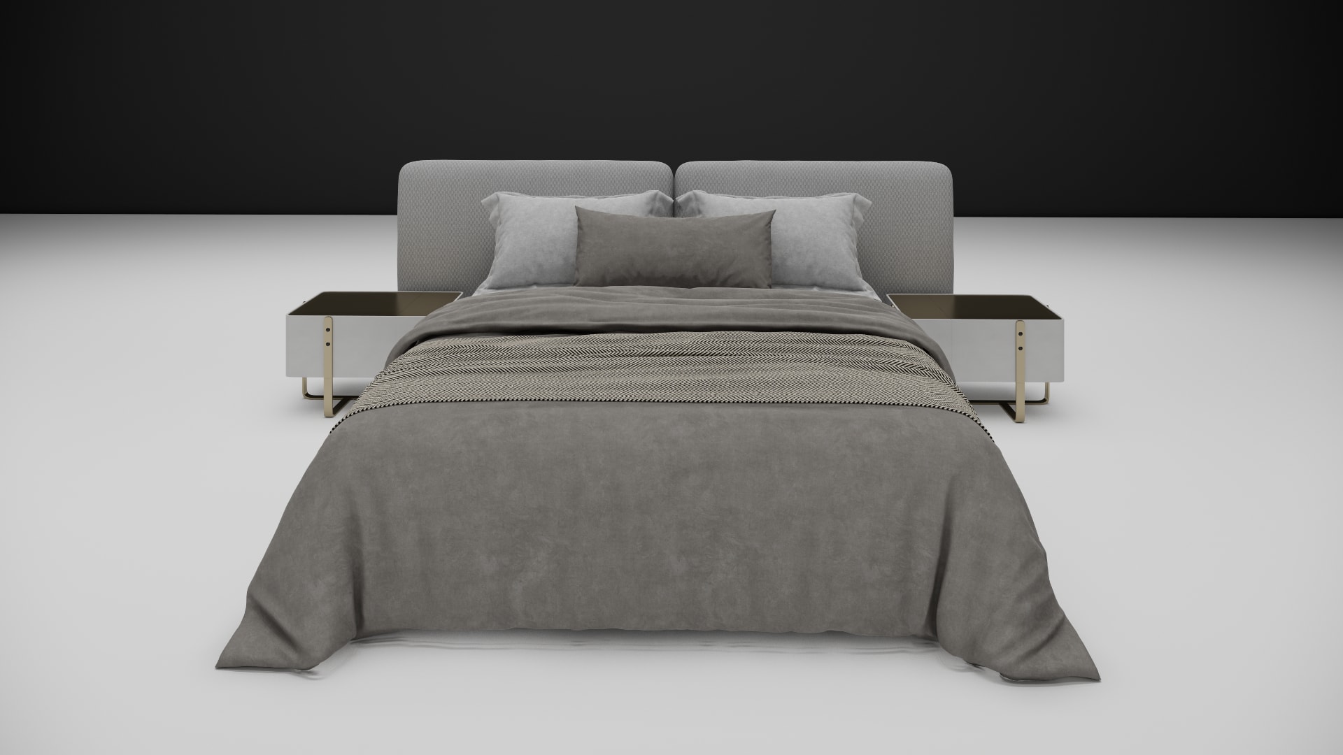 Rowan textured panel bed frame, low platform base and headboard, three quarter angle