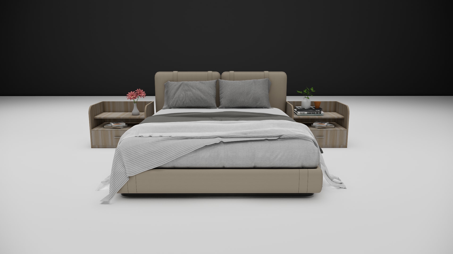 Nolan beige leather bed channel tufted headboard with gray pillows and charcoal throw
