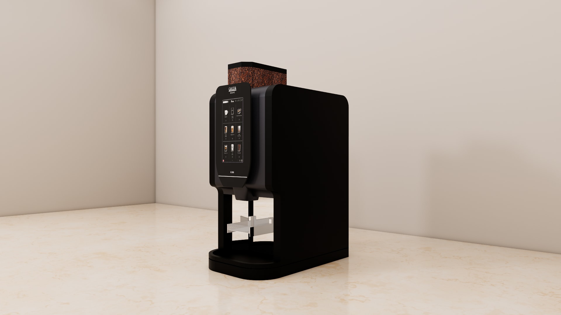 G 300 Krea touch screen coffee machine SketchUp model, bean hopper on top and open dispensing bay with chrome cup rest