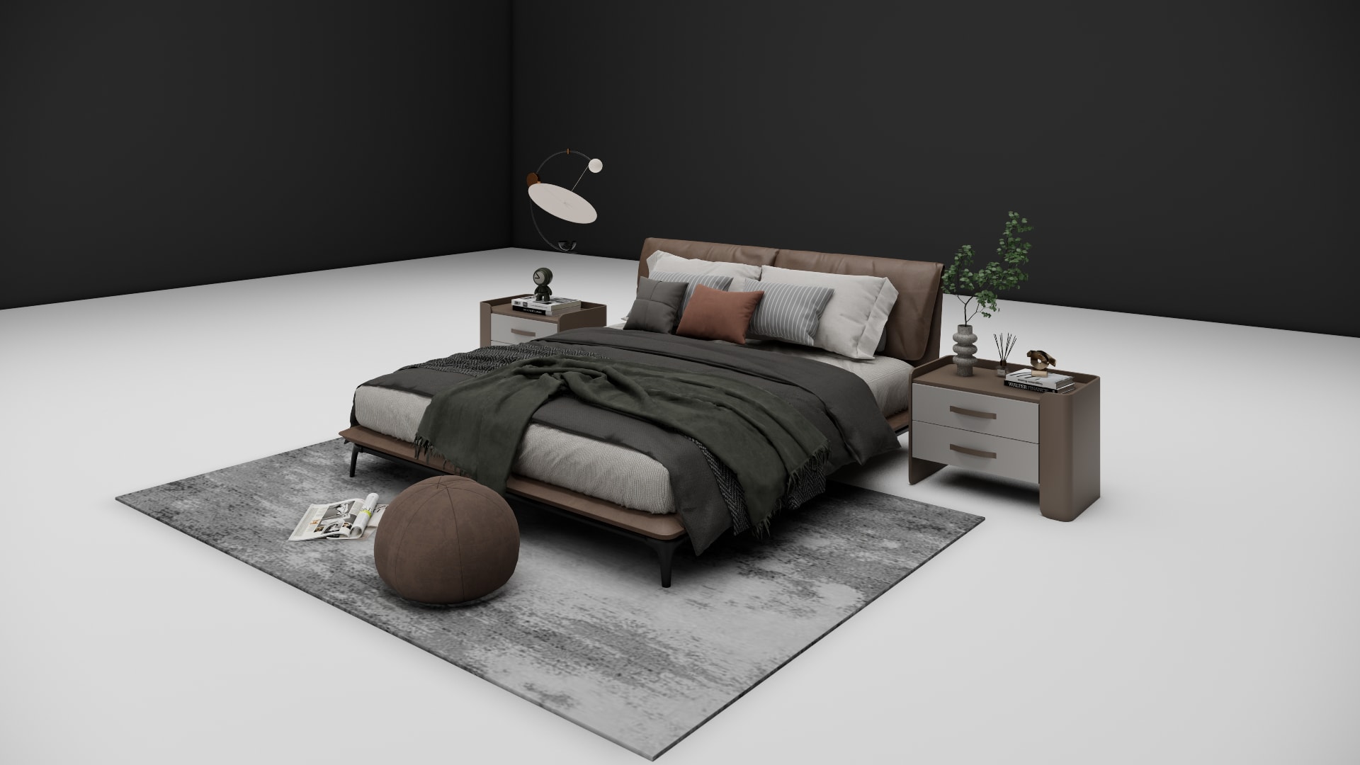 Fenwick brown leather headboard with rounded top edge and ivory pillows