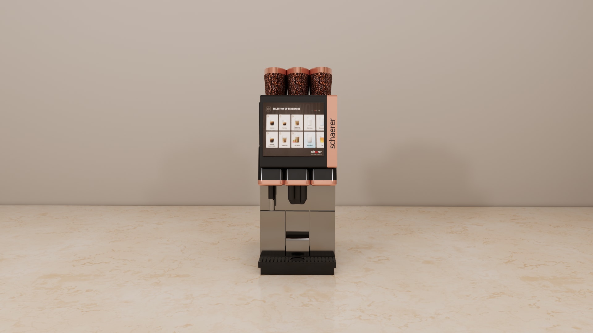 Bean to cup coffee machine SketchUp model, close view of the angled touchscreen with beverage icons and copper frame