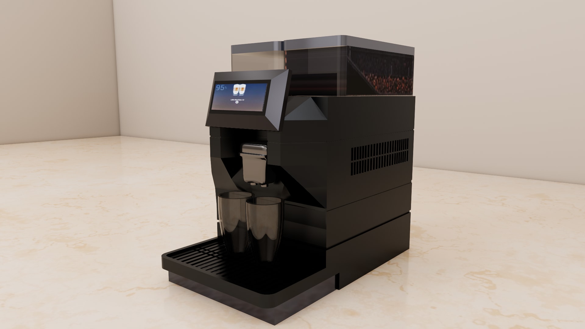 Magic M2 coffee machine 3D model, side view of the vent grille, stepped panels and two hoppers on top