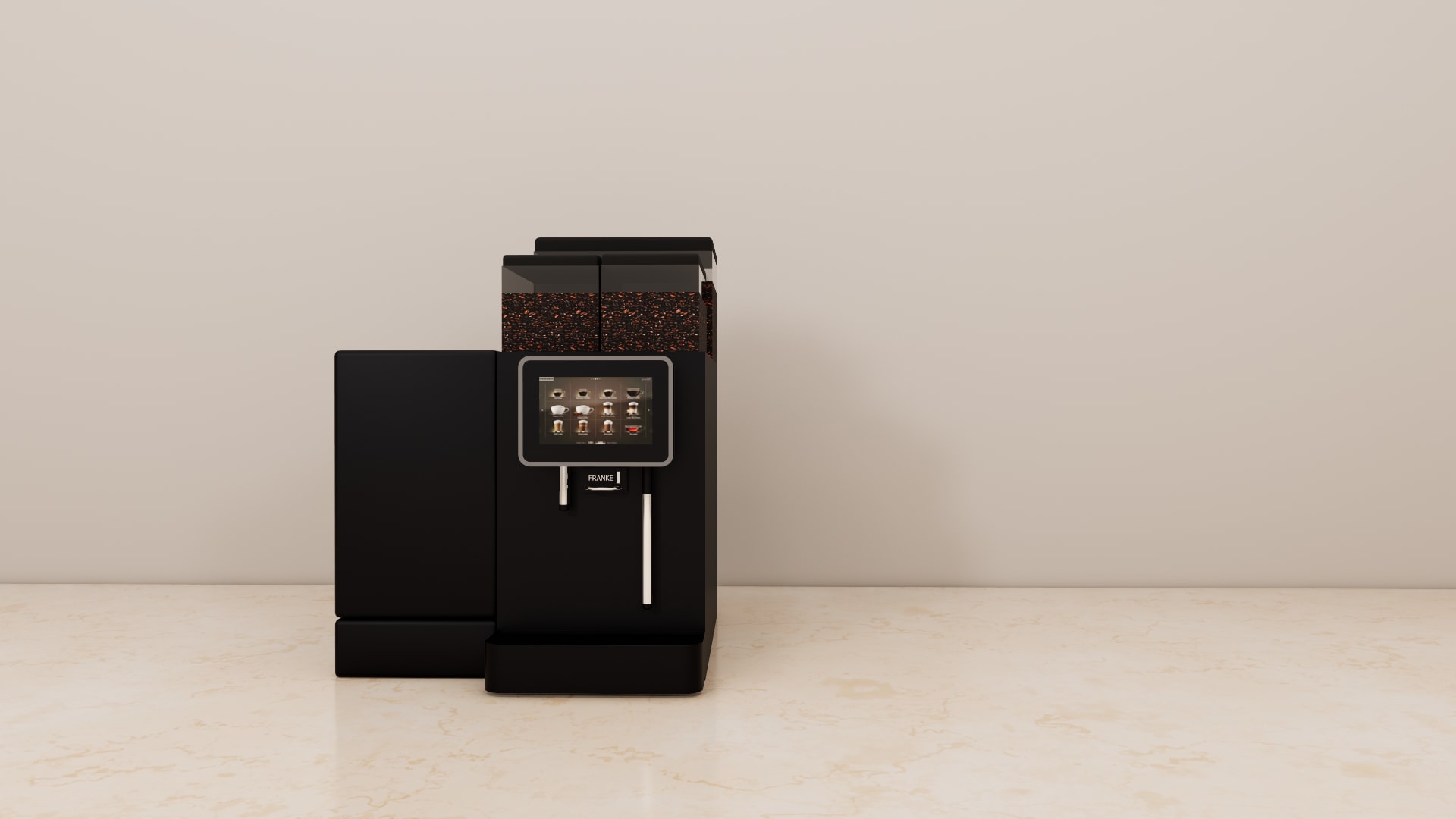 Close up of the touchscreen and chrome milk tubes on a glossy black bean to cup coffee machine