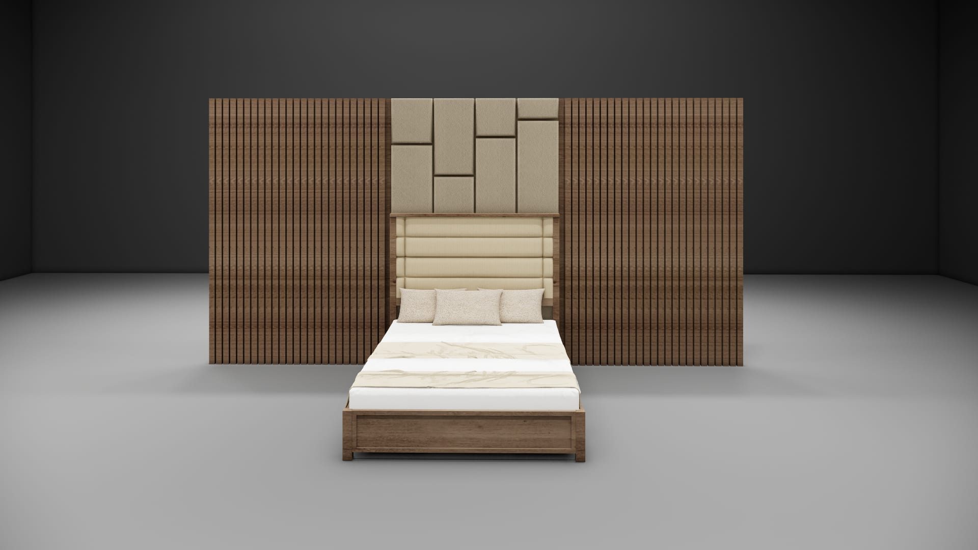 Wooden slat bed 3D model with channel tufted headboard against wood slat wall, front view
