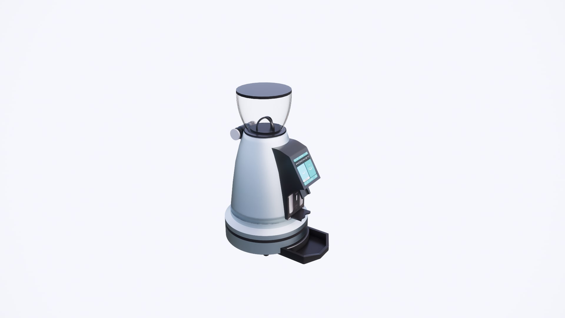 Black dosing fork area, removable tray and round base of the Rocket Spluga coffee grinder 3D model