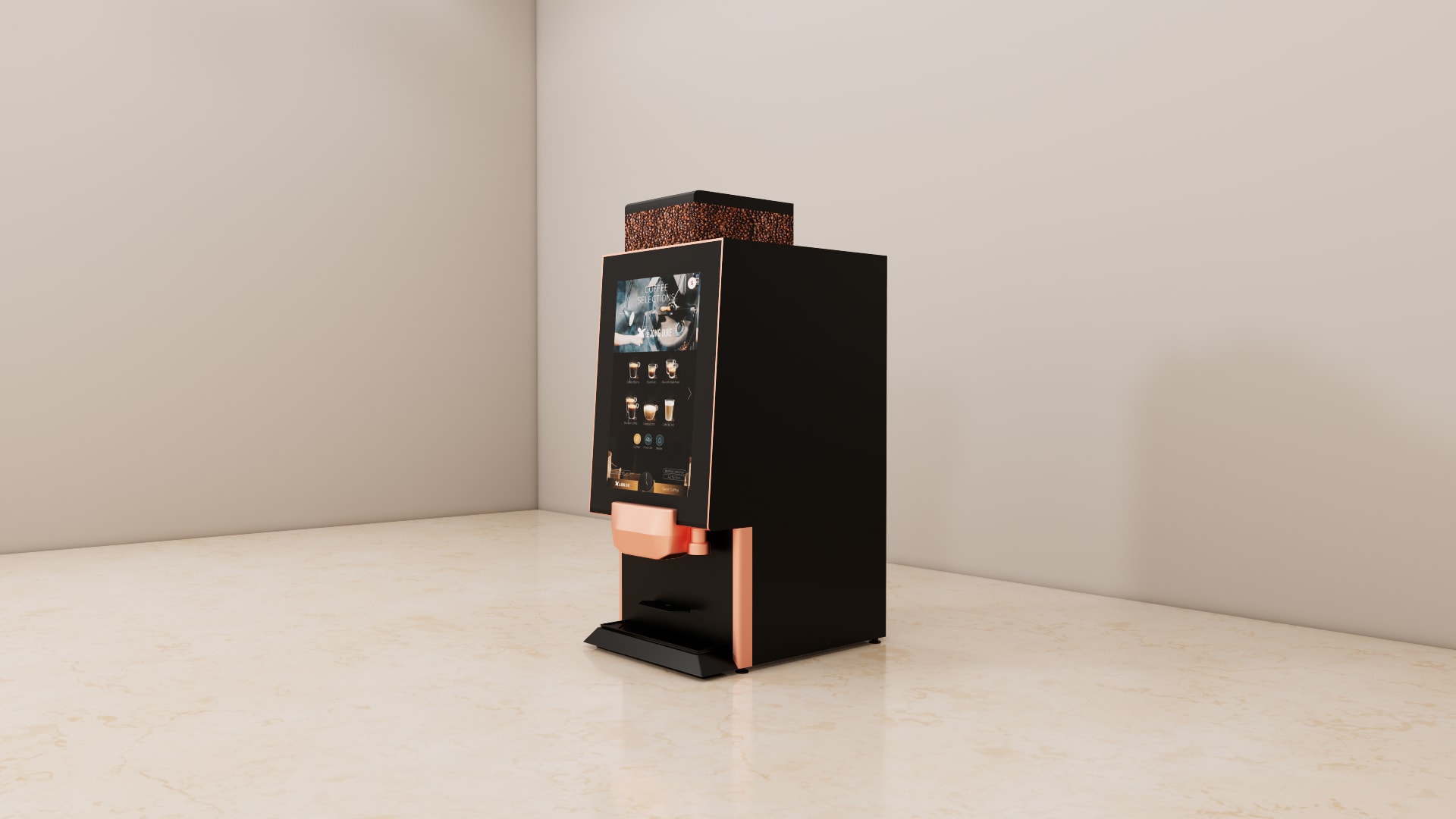 De Jong Duke Lua coffee machine SketchUp model, close view of the touchscreen drink menu and copper nozzle housing