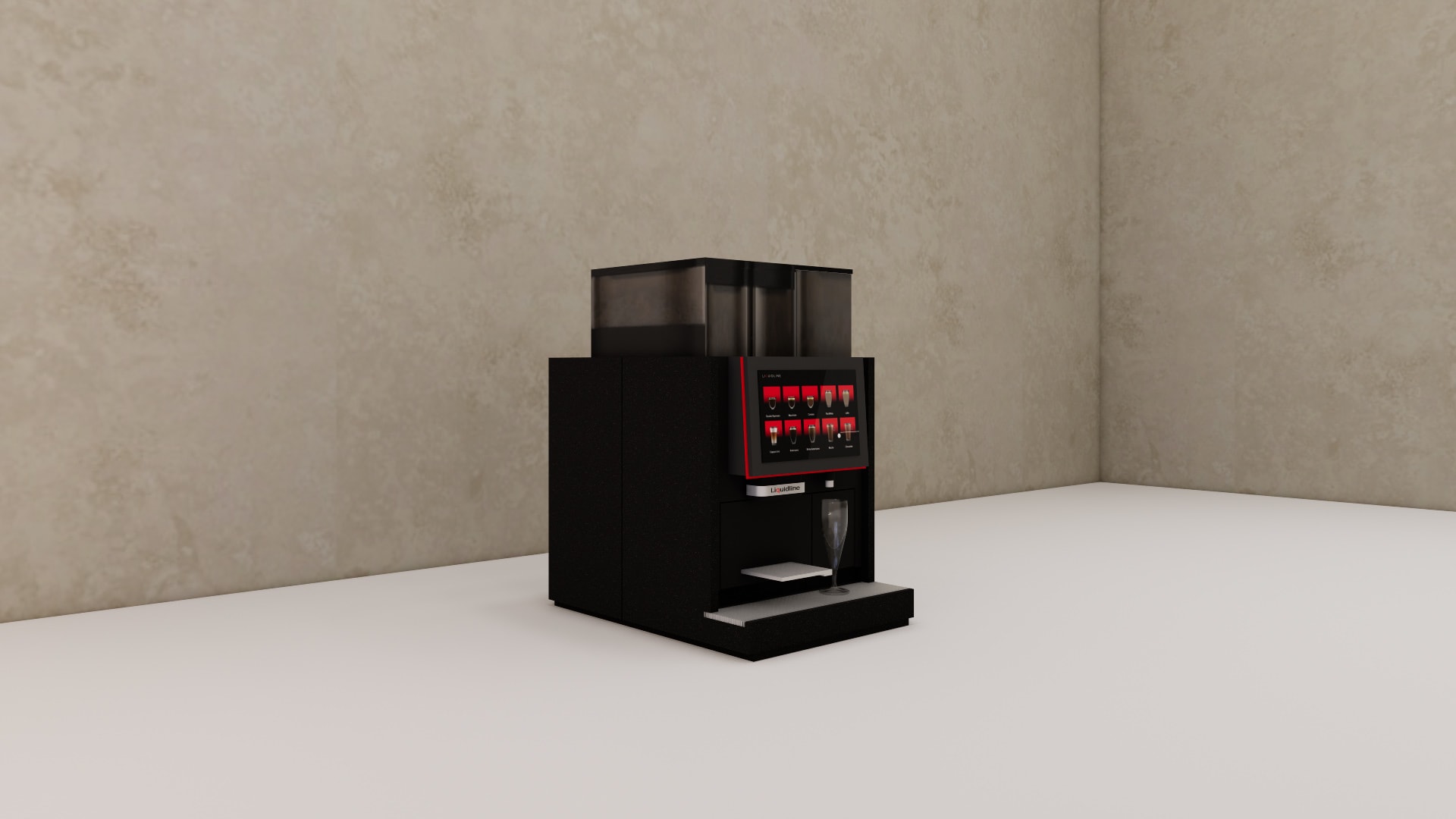 Touch screen coffee machine SketchUp model, close view of the drink menu screen and chrome Liquidline plate