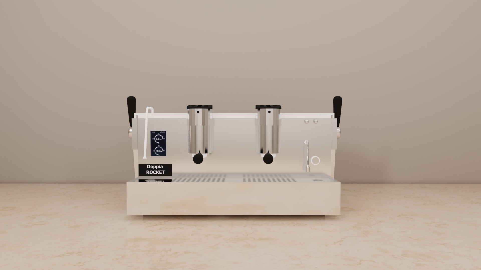 2 group espresso machine 3D model, detail of the pressure gauges, drip tray grate, and chrome feet