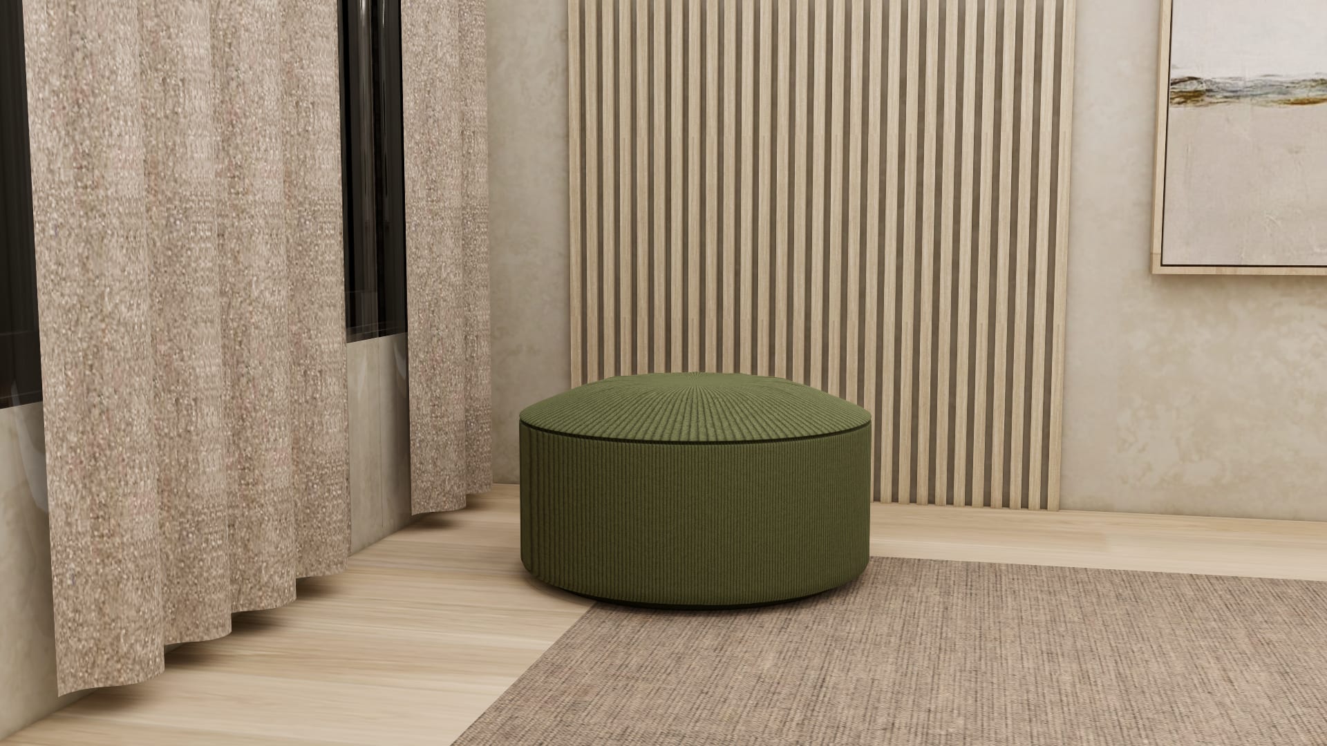Hoya storage ottoman SketchUp model, front view of fabric upholstered body