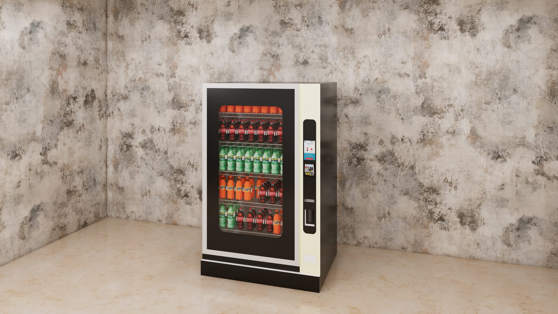 Front view of a wide glass front drink vending machine with black frame, cream side column and payment panel