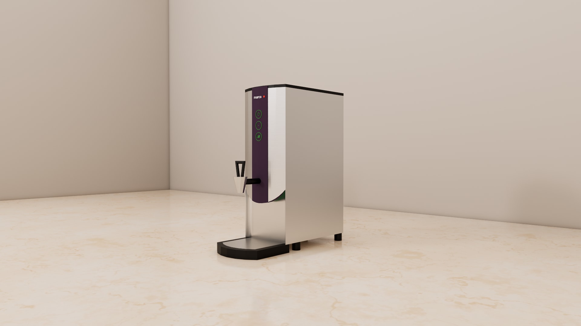Three quarter view of a stainless steel countertop water boiler with purple panel, green icons, black tap and