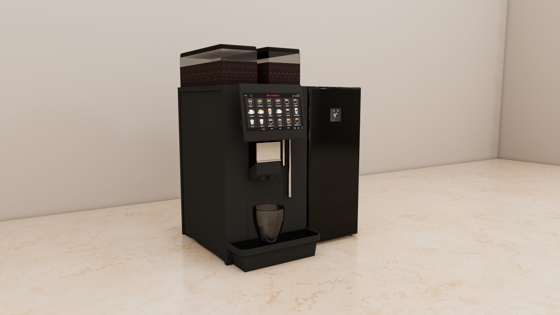 Close up of the touch screen, outlet block and steam wand on a black automatic coffee machine
