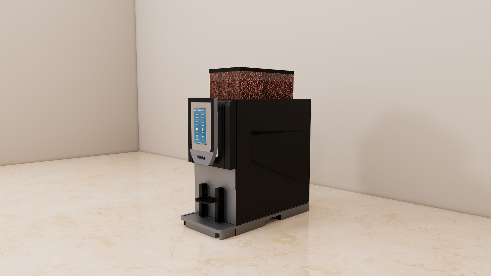 Necta coffee machine SketchUp model, close view of the curved touchscreen with drink icons and silver frame