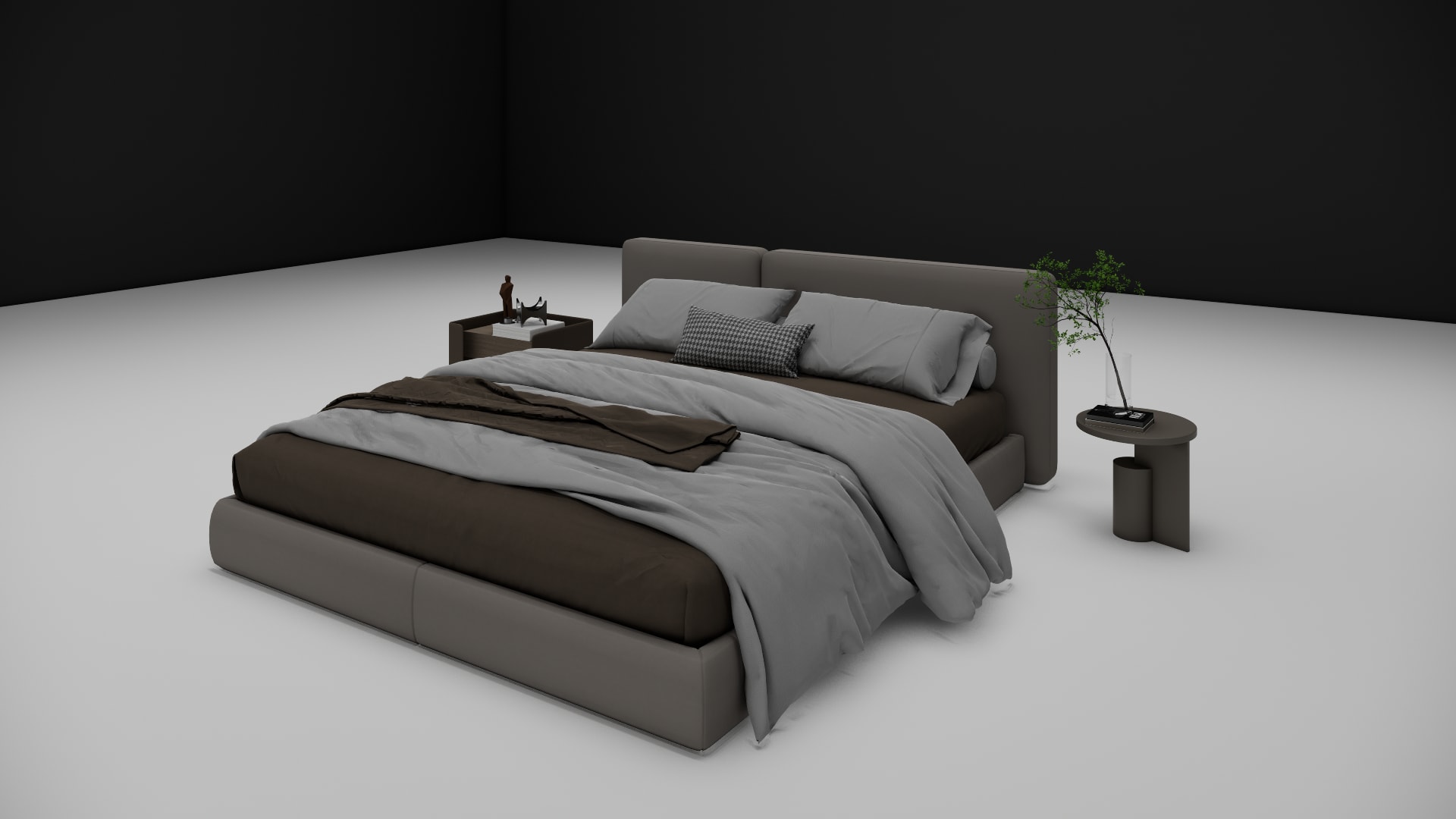 Marlowe panel bed chocolate throw and houndstooth pillow over gray linens