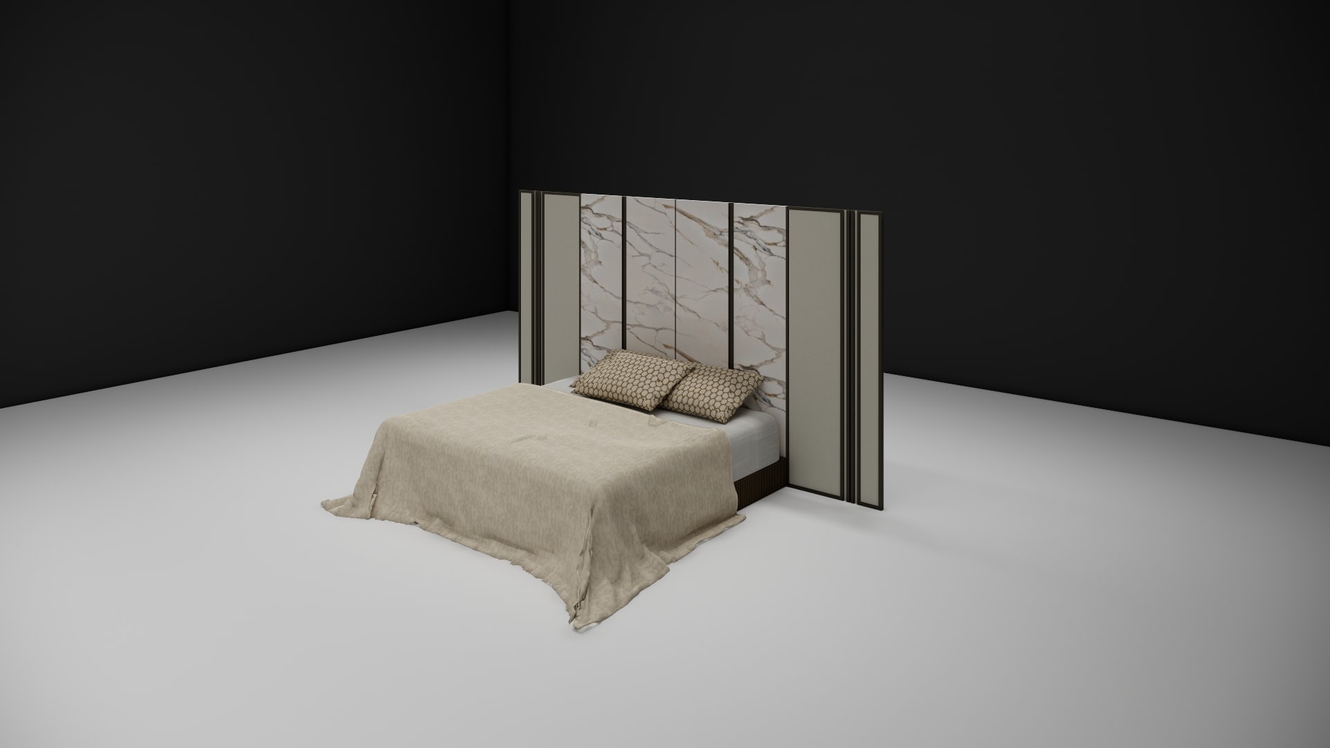 Leather backpanel bed marble and fabric panel wall detail