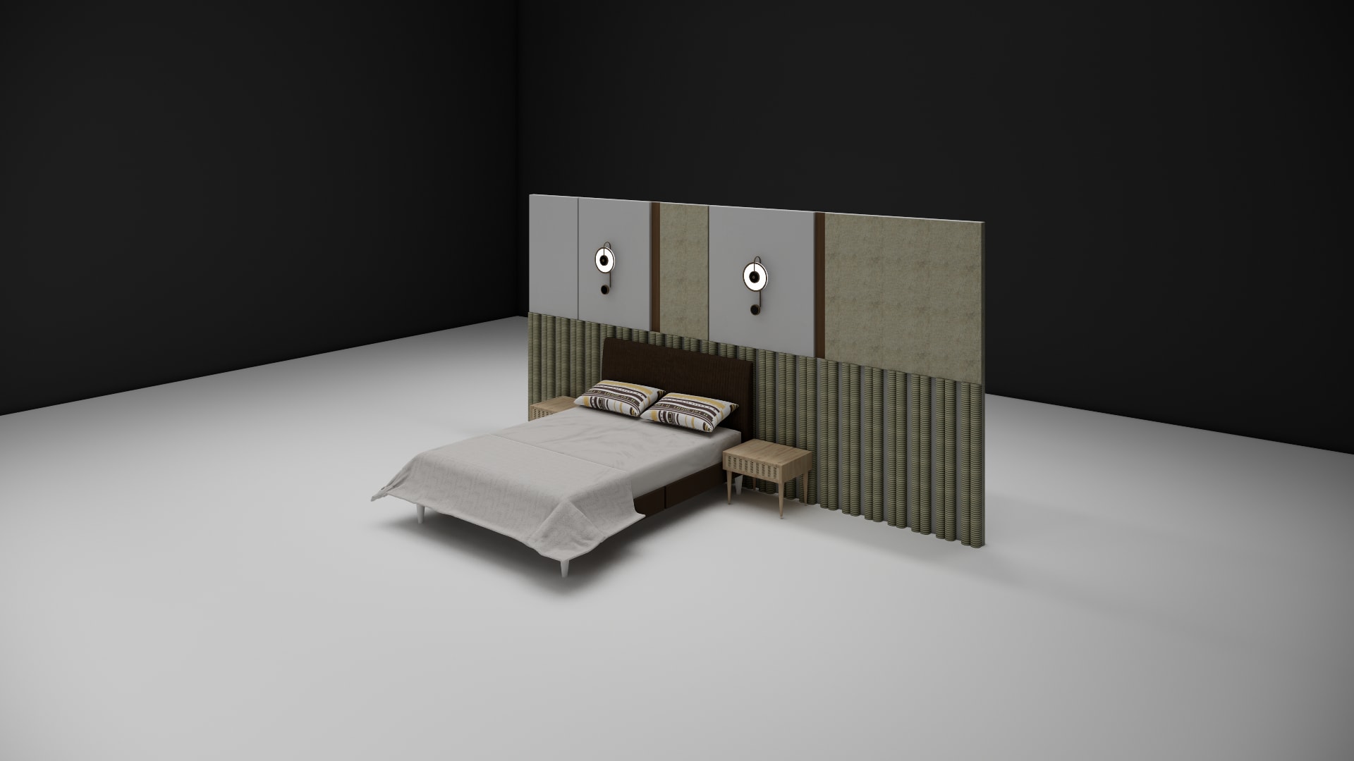 Larkspur panel bed frame with cane nightstands, front view